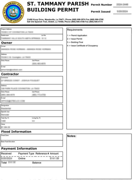 Residential building permit example in st tammany parish, louisiana